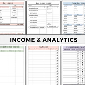 May include: A printable worksheet for tracking blog metrics, income, and expenses. The worksheet includes sections for blog analytics, traffic breakdown, revenue and income, expense tracking, yearly blog stats, yearly blog income and expenses, bill tracker, and business subscription tracker.
