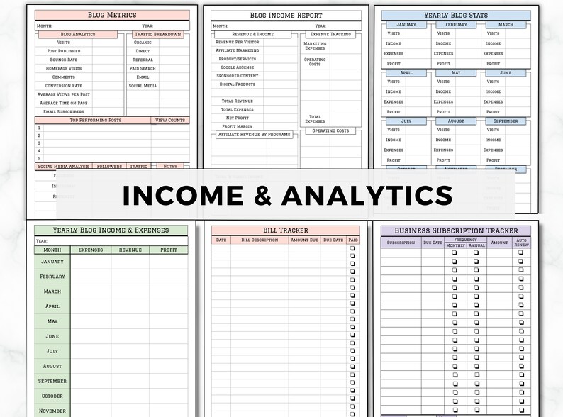 May include: A printable worksheet for tracking blog metrics, income, and expenses. The worksheet includes sections for blog analytics, traffic breakdown, revenue and income, expense tracking, yearly blog stats, yearly blog income and expenses, bill tracker, and business subscription tracker.