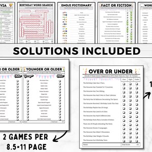 May include: A set of printable birthday party games for adults. The games include 1945 Trivia, Birthday Word Search, Emoji Pictionary, Fact or Fiction, Word Scramble, Younger or Older, and Over or Under. Each game is printed on an 8.5 x 11 inch page.
