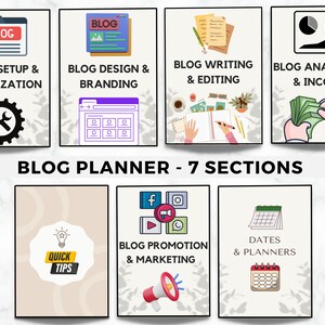 May include: A graphic illustration of a blog planner with seven sections: blog setup and optimization, blog design and branding, blog writing and editing, blog analytics and income, quick tips, blog promotion and marketing, and dates and planners. Each section has a relevant icon and text.