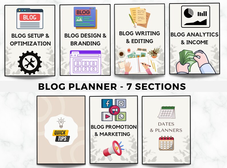 May include: A graphic illustration of a blog planner with seven sections: blog setup and optimization, blog design and branding, blog writing and editing, blog analytics and income, quick tips, blog promotion and marketing, and dates and planners. Each section has a relevant icon and text.