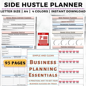 May include: A printable business planning guide with 95 pages of worksheets and templates. The guide includes sections for social media content planning, custom order forms, business profiles, product pricing, packaging, brand style, and posting schedules. The guide is simple and clean, with a pink and blue color scheme.