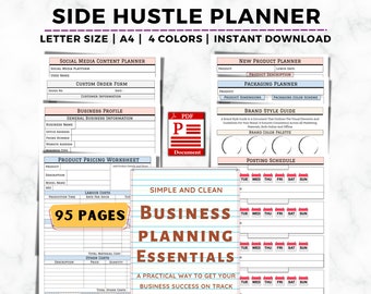 Side Hustle Planner, Printable Business Planner Bundle, Work from Home, Freelance Planner, Finance, Client, Project, Branding, Social Media