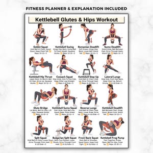 Pode incluir: Um planejador de fitness com uma rotina detalhada de treino de glúteos e quadris com kettlebell. O pôster inclui instruções ilustradas para exercícios como agachamentos goblet e estocadas reversas. O texto na parte superior diz "Fitness Planner & Explanation Included."