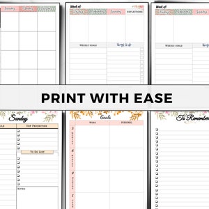 May include: Printable weekly planner pages with floral designs. The pages include sections for schedule, top priorities, to do list, goals, and to remember.