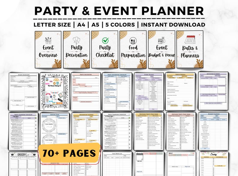 Pu&ograve; includere: Un planner di feste ed eventi stampabile con oltre 70 pagine. Il planner include sezioni per la panoramica dell'evento, la decorazione della festa, la lista di controllo della festa, la preparazione del cibo, il budget e la sede dell'evento, e le date e i planner. Il planner &egrave; disponibile in formato lettera, A4 e A5, e in 5 colori.
