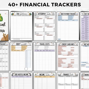 May include: A set of printable financial trackers with titles like "Debt Payment Tracker", "Debt Snowball Tracker", "Travel Costs", "Credit Card Info", "Net Worth Tracker", "Side Hustle Income", "Income Tracker", "Finance Books", and "Sinking Funds Tracker".