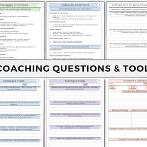 May include: A printable coaching worksheet with a pink and blue color scheme. The worksheet includes questions and tools for self-reflection and personal growth. The title of the worksheet is "Coaching Questions & Tools".
