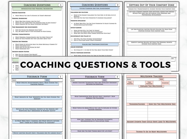 May include: A printable coaching worksheet with a pink and blue color scheme. The worksheet includes questions and tools for self-reflection and personal growth. The title of the worksheet is "Coaching Questions & Tools".