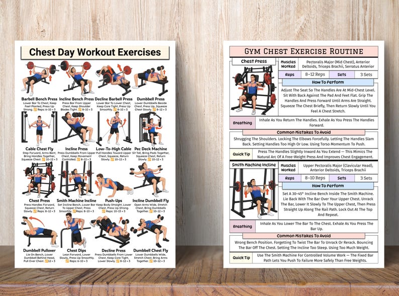 Chest Gym Workout Exercises Chart, Bigger Upper, Mid, & Lower Chest ...