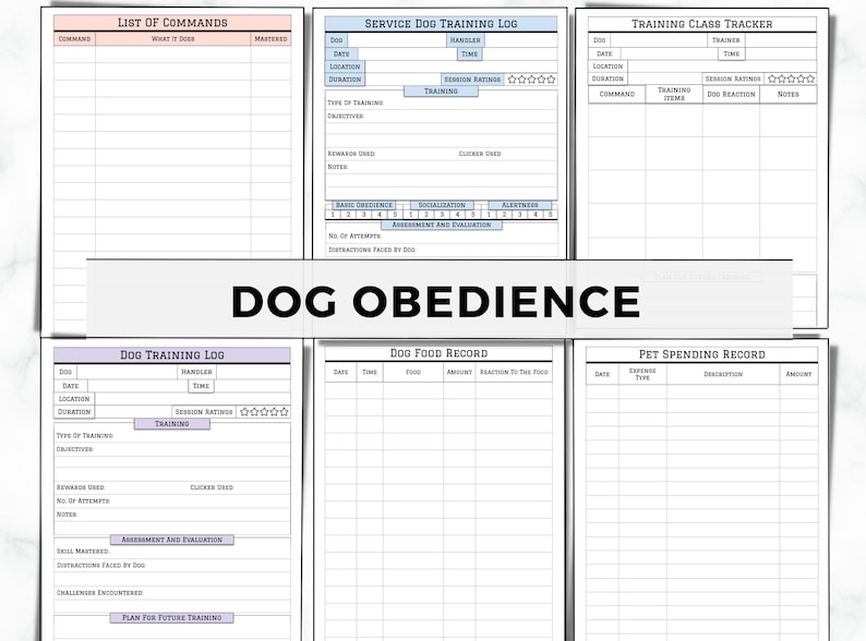 May include: A printable set of dog training logs and trackers. The logs include sections for tracking commands, training sessions, food records, and spending. The title "DOG OBEDIENCE" is at the top of the page.