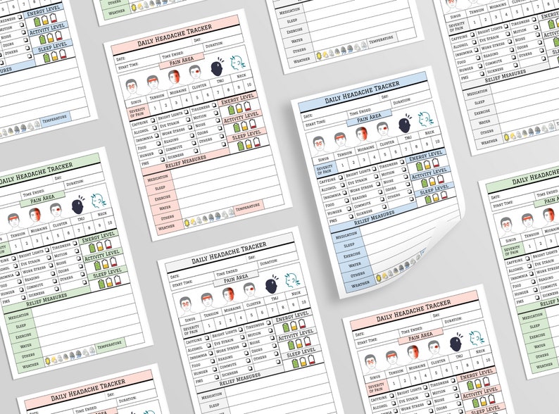 May include: A set of printable daily headache trackers. Each tracker includes sections for recording date, start time, duration, pain area, severity of pain, triggers, relief measures, energy level, activity level, and sleep level. The trackers are designed to help people track their headaches and identify potential triggers.