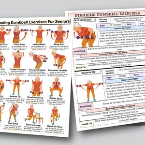 May include: Two instructional posters titled Standing Dumbbell Exercises For Seniors. The posters feature illustrations of a person in a red shirt and orange trousers performing various exercises with dumbbells, including text instructions for each movement.