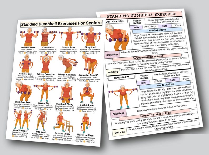 May include: Two instructional posters titled Standing Dumbbell Exercises For Seniors. The posters feature illustrations of a person in a red shirt and orange trousers performing various exercises with dumbbells, including text instructions for each movement.