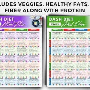 May include: Two colorful DASH diet meal plan charts. Each chart is a 7-day meal plan with sections for breakfast, lunch, dinner, and snacks. The charts include text that says "Includes Veggies, Healthy Fats, and Fiber Along with Protein."