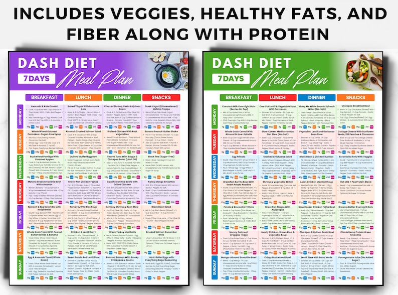 May include: Two colorful DASH diet meal plan charts. Each chart is a 7-day meal plan with sections for breakfast, lunch, dinner, and snacks. The charts include text that says "Includes Veggies, Healthy Fats, and Fiber Along with Protein."