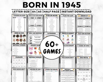 May include: A printable set of 60+ party games for a 75th birthday party. The games are organized into a grid with titles like "Younger or Older", "What's on Your Phone", "Ever or Never", "Name the Cake", "Drink If", "Born in 1945", "Roll and Respond", "Categories", "Price is Right", "Fact or Fiction", "Birthday Wishes", "Memory Game", "DJI Pictionary", "Music of 1945", "Charades", "Birthday Riddles", "Who Knows Best?", "1945 Trivia", "Who Knows Best?", "Movies of 1945", "Finish the Phrase", "Birthday Left-Right Game", and "Find the Guest Bingo".