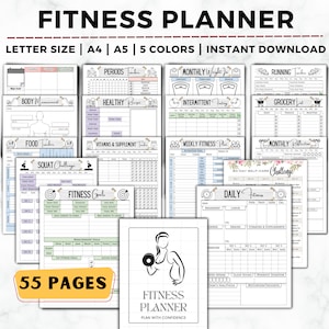 Op de afbeelding: Een printbare fitnessplanner met 55 pagina's. De planner bevat secties voor het bijhouden van lichaamsmetingen, gezonde recepten, maandelijks gewicht, intermitterend vasten, hardlopen, boodschappen, voedseltracker, vitamines en supplementen, wekelijks fitnessplan, maandelijkse reflectie, squat-uitdaging, fitnessdoelen en dagelijkse fitness. De planner is verkrijgbaar in vijf kleuren en kan direct worden gedownload.