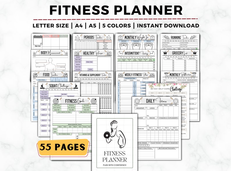 May include: A printable fitness planner with 55 pages. The planner includes sections for tracking body measurements, healthy recipes, monthly weight, intermittent fasting, running, grocery, food tracker, vitamins and supplements, weekly fitness plan, monthly reflection, squat challenge, fitness goals, and daily fitness. The planner is available in five colors and can be downloaded instantly.