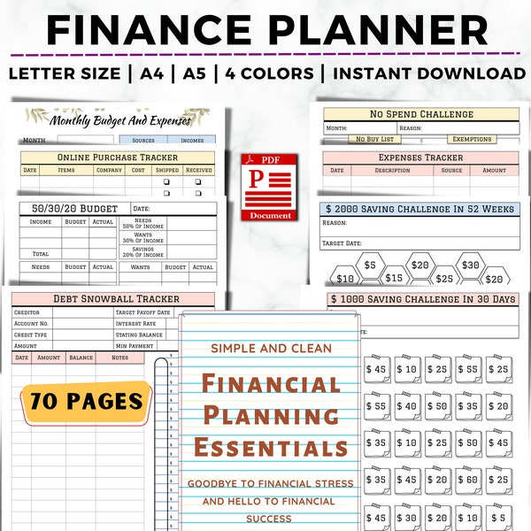 Financal Planner Printable, Budget Planner, Financial Savings Tracker, Paycheck Budget, Monthly Debt, Bill, Spending, Expenses Tracker