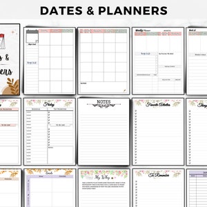 Puede incluir: Un conjunto de p&aacute;ginas de planificador imprimibles con dise&ntilde;os florales. Las p&aacute;ginas incluyen secciones para la planificaci&oacute;n, listas de tareas, notas, citas favoritas, cosas que evitar, tableros de visi&oacute;n, objetivos y fechas importantes.