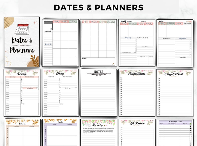 Puede incluir: Un conjunto de p&aacute;ginas de planificador imprimibles con dise&ntilde;os florales. Las p&aacute;ginas incluyen secciones para la planificaci&oacute;n, listas de tareas, notas, citas favoritas, cosas que evitar, tableros de visi&oacute;n, objetivos y fechas importantes.