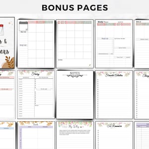 May include: A collection of planner pages with various layouts, including monthly, weekly, and daily schedules, notes, and to-do lists. The pages feature floral accents and the text "Dates & Planners" at the top.