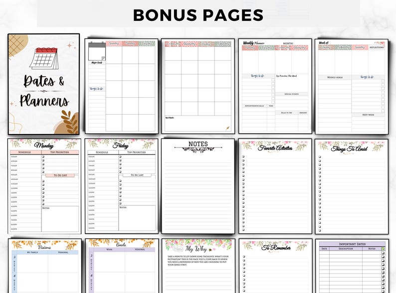 May include: A collection of planner pages with various layouts, including monthly, weekly, and daily schedules, notes, and to-do lists. The pages feature floral accents and the text "Dates & Planners" at the top.