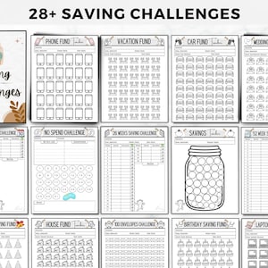 May include: A printable set of 28 saving challenge trackers. The trackers feature various themes, including phone fund, vacation fund, car fund, wedding fund, 30 days savings challenge, no spend challenge, 26 weeks saving challenge, savings, 52 week savings challenge, Christmas saving fund, house fund, 100 envelopes challenge, birthday saving fund, and laptop fund.