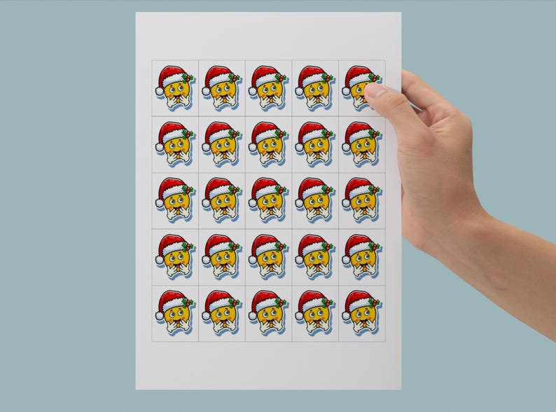 May include: Sheet of stickers featuring a cartoon emoji wearing a Santa hat and a white beard. The emoji has a yellow face, a red and white hat, and a white beard. The stickers are arranged in a grid pattern.