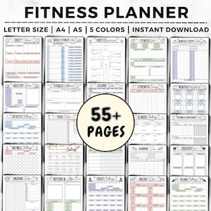 May include: A printable fitness planner with 55+ pages. The planner includes pages for daily, weekly, and monthly fitness tracking, as well as pages for tracking weight, calories, and macros. The planner is available in letter, A4, and A5 sizes and in five colors.