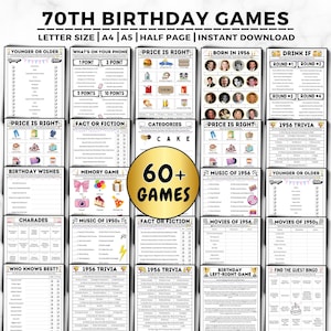 Könnte beinhalten: Eine Sammlung druckbarer Spiele zum 70. Geburtstag, darunter Quiz, Bingo und andere unterhaltsame Aktivitäten. Die Spiele sind in den Formaten Letter, A4, A5 und halbe Seite erhältlich und stehen zum sofortigen Download bereit.
