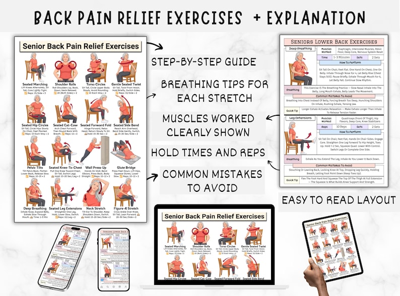 Back Pain Relief Exercises For Seniors, Lower Back Workout For Seniors, Chair Yoga Poster for Older Men, No Equipment Seated Exercise Chart image 5