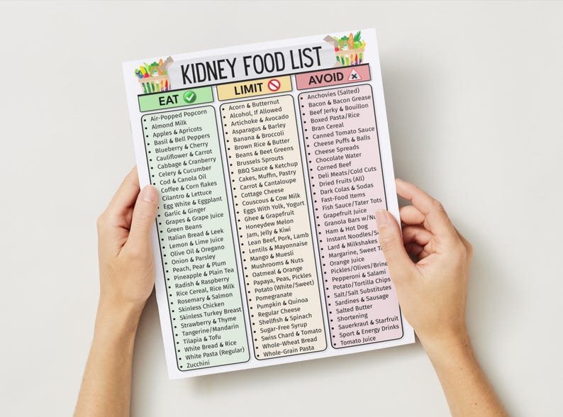 May include: A printed "Kidney Food List" in English, held by hands. The list categorizes foods into "Eat," "Limit," and "Avoid" sections, with various food items listed under each category. The top of the list has colorful illustrations.