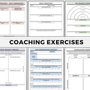 May include: A printable worksheet with coaching exercises for self-awareness, gratitude, and personal growth. The worksheet includes sections for a Johari Window, Daily Gratitude, My Growth Zones, Action Priority Matrix, Life Satisfaction Checkup, and Eisenhower Matrix.