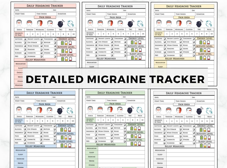 May include: A printable migraine tracker with six pages. Each page has a daily headache tracker with sections for date, start time, time ended, duration, pain area, severity of pain, triggers, energy level, activity level, sleep level, and relief measures.
