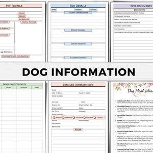 May include: Printable dog information planner with sections for pet profile, dog details, pet documents, important contacts, detailed contacts info, and dog meal ideas. The planner has a pink and green floral design.
