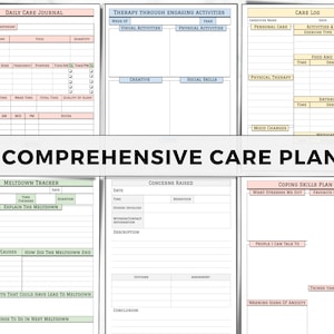 May include: A printable care plan worksheet with sections for daily care journal, therapy through engaging activities, care log, meltdown tracker, concerns raised, and coping skills plan. The worksheet is designed to help individuals manage their mental health and well-being.