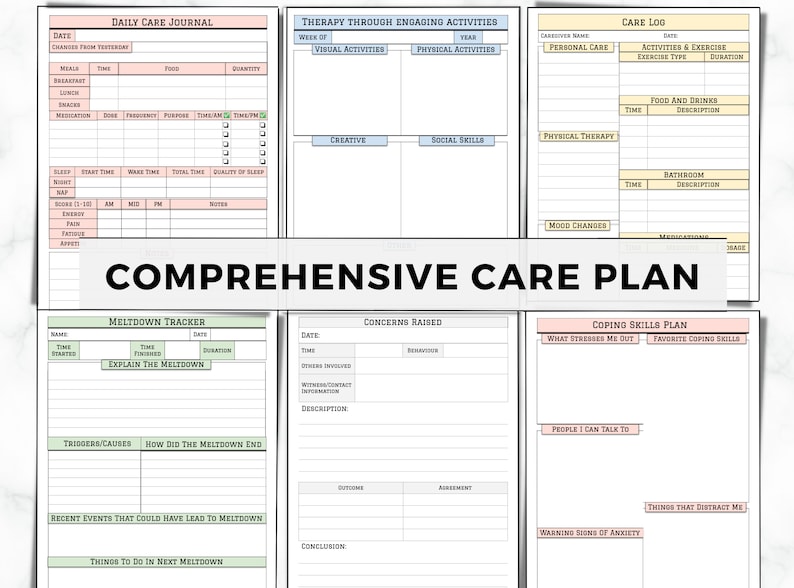 May include: A printable care plan worksheet with sections for daily care journal, therapy through engaging activities, care log, meltdown tracker, concerns raised, and coping skills plan. The worksheet is designed to help individuals manage their mental health and well-being.