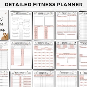 May include: A detailed fitness planner with various pages for tracking workouts, measurements, and goals. The planner includes sections for body measurements, before & after progress, daily logs, and fitness trackers. The pages are white with pink accents and black text.