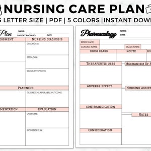 Peut inclure: Un modèle de plan de soins infirmiers imprimable avec des sections pour l'évaluation, la planification, la mise en œuvre et l'évaluation. Il y a aussi une section pour la pharmacologie avec des champs pour le nom du médicament, le nom générique, la classe de médicament, le nom commercial, la voie d'administration, l'alerte élevée, les utilisations thérapeutiques, le mécanisme d'action, les effets indésirables, l'assistance infirmière, la contre-indication et les notes.