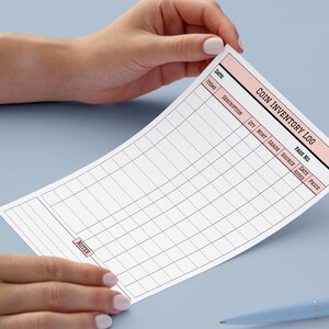 May include: A printable coin inventory log with columns for date, items, description, quantity, mint, grade, source, date acquired, and price. The log has a pink header with the text "COIN INVENTORY LOG" and "Page No."