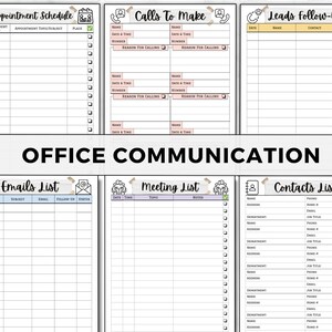 Peut inclure: Une page de planificateur imprimable avec un design noir et blanc. La page est divis&eacute;e en sections pour les rendez-vous, les appels &agrave; passer, le suivi des prospects, les e-mails, les r&eacute;unions et les contacts. La page est intitul&eacute;e "Communication au bureau".