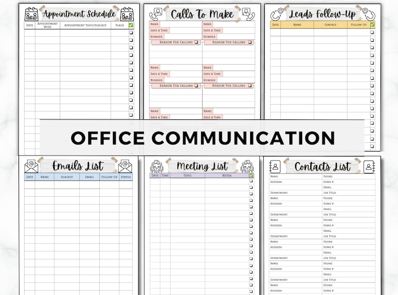 Peut inclure: Une page de planificateur imprimable avec un design noir et blanc. La page est divis&eacute;e en sections pour les rendez-vous, les appels &agrave; passer, le suivi des prospects, les e-mails, les r&eacute;unions et les contacts. La page est intitul&eacute;e "Communication au bureau".