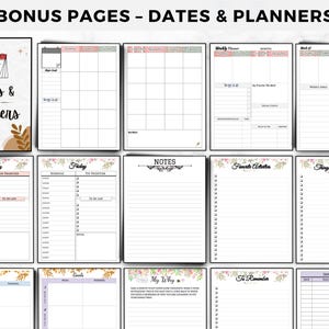 May include: A set of printable planner pages with floral designs. The pages include sections for dates, notes, to-do lists, and more.
