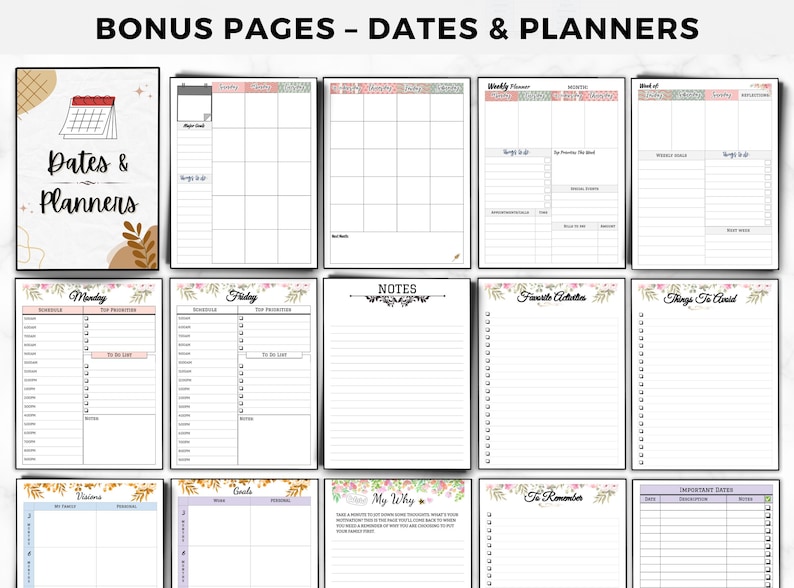 May include: A set of printable planner pages with floral designs. The pages include sections for dates, notes, to-do lists, and more.