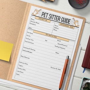 May include: A printable pet sitter guide with sections for contact information, veterinary info, pet info and care, and notes. The guide features a cartoon dog illustration.