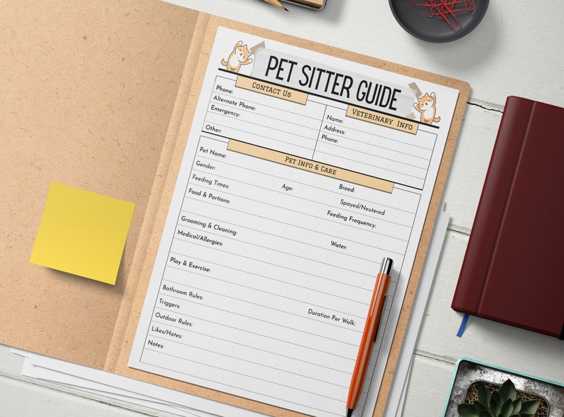 May include: A printable pet sitter guide with sections for contact information, veterinary info, pet info and care, and notes. The guide features a cartoon dog illustration.