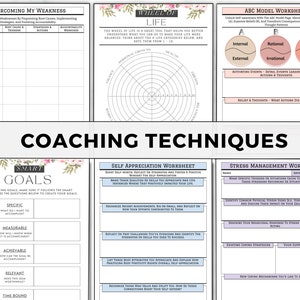 May include: A printable coaching techniques worksheet with a floral design. The worksheet includes sections for overcoming weaknesses, setting SMART goals, self-appreciation, and stress management.