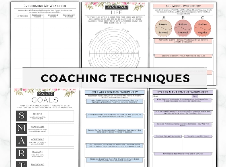 May include: A printable coaching techniques worksheet with a floral design. The worksheet includes sections for overcoming weaknesses, setting SMART goals, self-appreciation, and stress management.